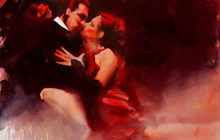 passion, woman, dance, kiss, art, watercolor HD wallpaper