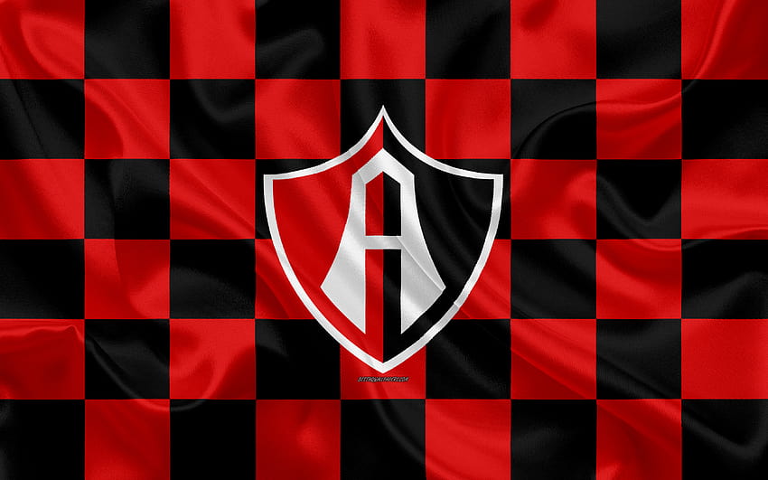 Atlas FC, Club Atlas, logo, yaratıcı sanat, kırmızı siyah damalı bayrak, Meksika Futbol Kulübü, Primera Division, Lig MX, amblem, ipek doku, Guadalajara, Meksika, 3840x2400 çözünürlüklü futbol, ​​ HD duvar kağıdı