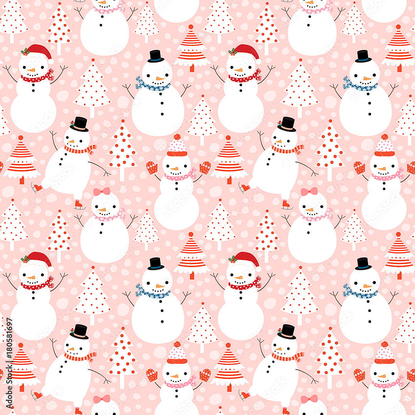 Pola musim dingin vektor lucu mulus dengan manusia salju kartun dalam gaya datar dengan topi dan syal di latar belakang merah muda dengan pohon Natal Stok Vektor, merah muda musim dingin yang lucu wallpaper ponsel HD