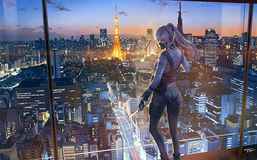 Anime Girl Mask City Buildings, anime buildings HD wallpaper | Pxfuel