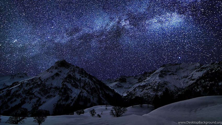 自然 照明 山 雪 冬 夜 空 星 ... 背景、冬の夜の山 高画質の壁紙
