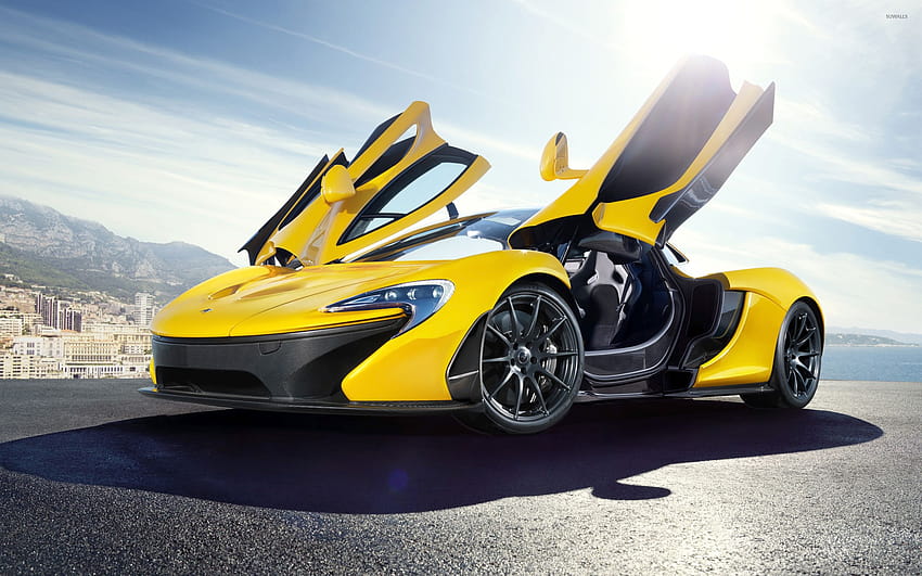 Жълт McLaren P1 с отворени врати, кола mclaren p1 HD тапет