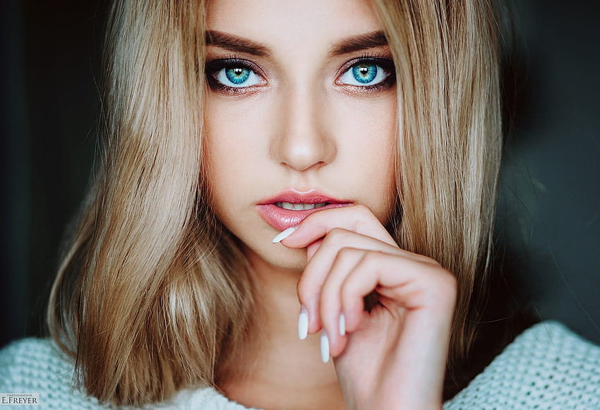 Women's white top, women, blonde, face, blue eyes, eye women HD wallpaper