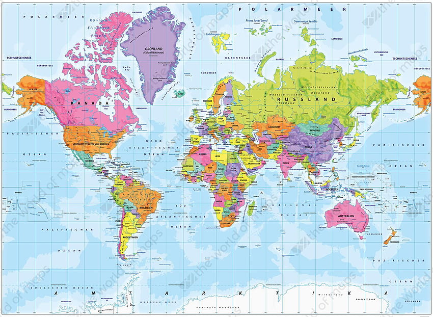 Цифрова карта на света, политическа на немски 1318 HD тапет