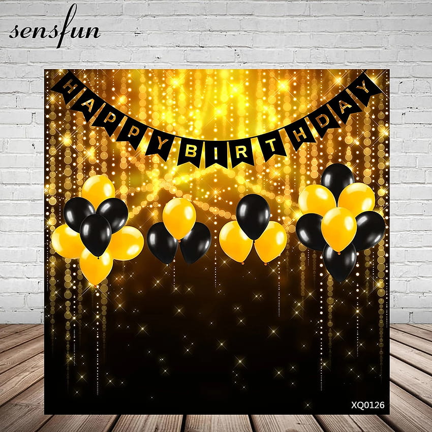 Sensfun Bokeh Gold Black Balloons Happy Birtay парти фонове за мъже жени графичен фон персонализиран 10x10ft винил HD тапет за телефон