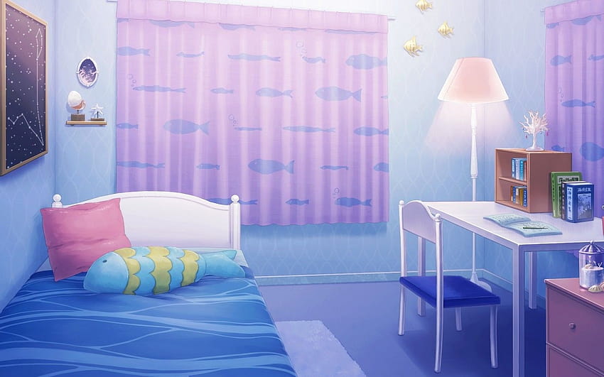 1440x900 애니메이션 룸, 침대, 책상, 커튼, 귀여운, 애니메이션 침실 HD 월페이퍼