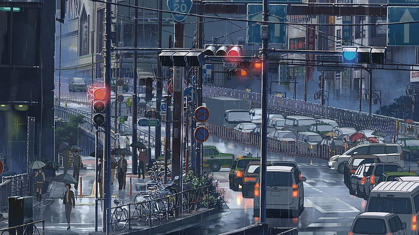 Traffic, Rain, Japan, The Garden Of Words, Makoto Shinkai, estetyczna ulica anime Tapeta HD