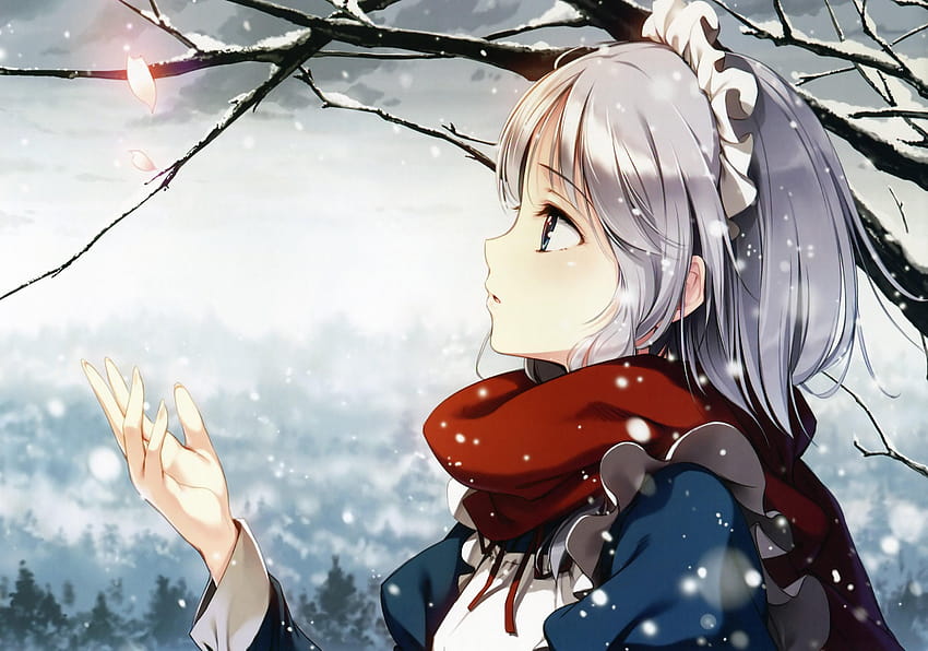Personaje de anime femenino de pelo de niña atrapando nieve que cae, niña de dibujos animados de invierno fondo de pantalla