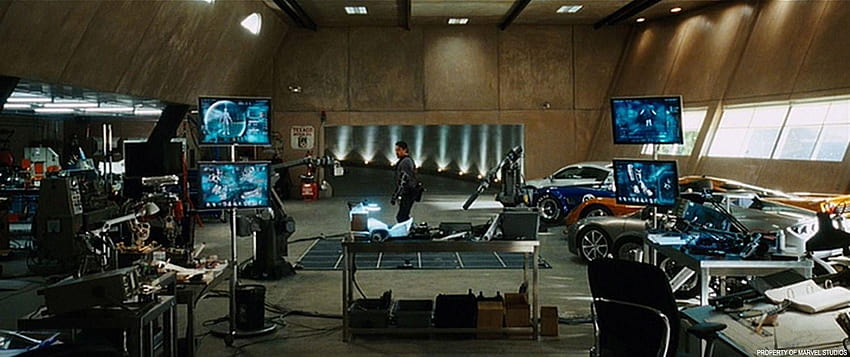 Tony Stark workshop, car workshop HD wallpaper