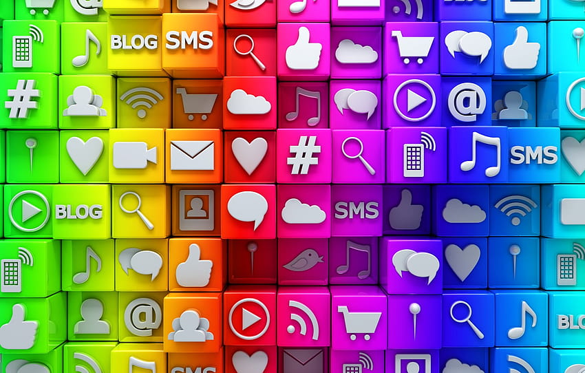 kubus, jaringan, warna-warni, Internet, ikon, kubus, ikon, jejaring sosial, media, sosial, bagian рендеринг, ikon media sosial Wallpaper HD