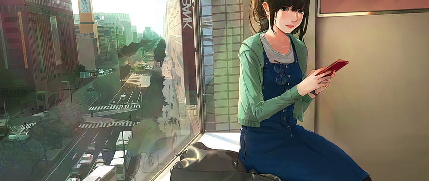Oryginał, dziewczyna z anime, siedząca na balkonie, , tło, 8fd1e7, balkon anime Tapeta HD