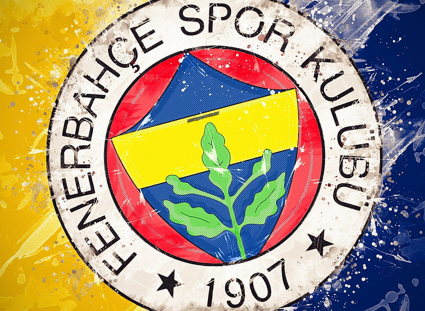 Fenerbahce SK, art de la peinture, logo, créatif, équipe de football turque, Super Lig, emblème, fond bleu jaune, style grunge… Fond d'écran HD
