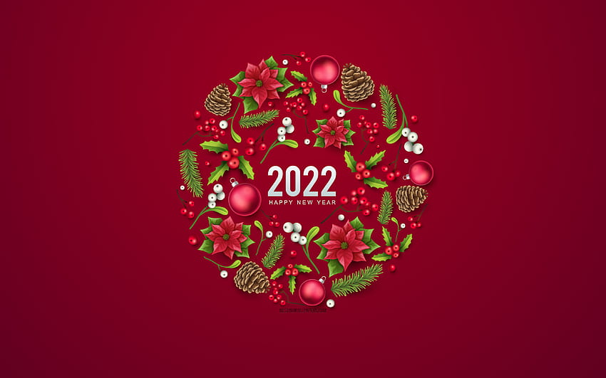 2022년 새해 복 많이 받으세요, 빨간색 배경, 크리스마스 화환, 2022년 새해, 2022년 개념, 2022년 빨간색 크리스마스 배경, 2022년 원 크리스마스 요소, 해상도가 있는 2022년 크리스마스 인사말 카드 HD 월페이퍼
