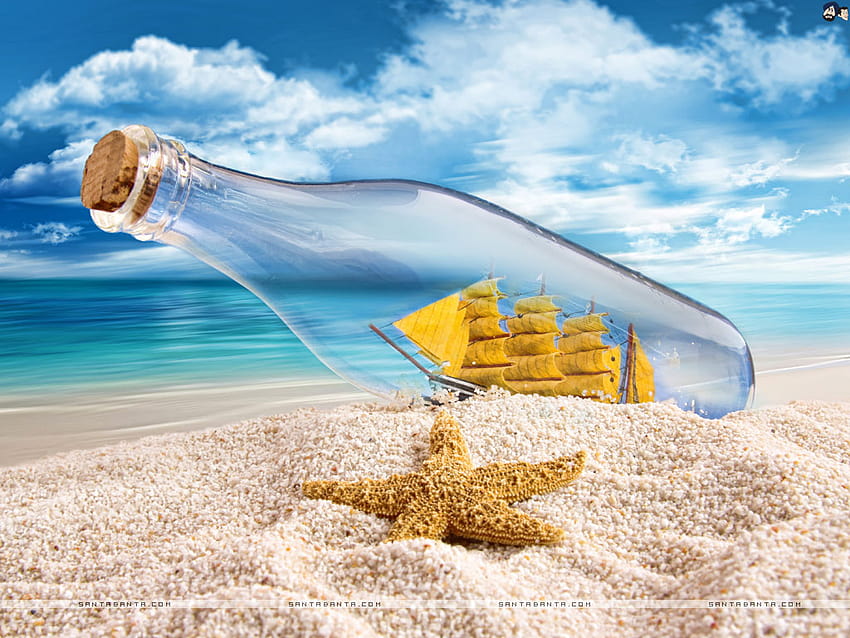 Ship in a Bottle lying next to Star Fish HD wallpaper