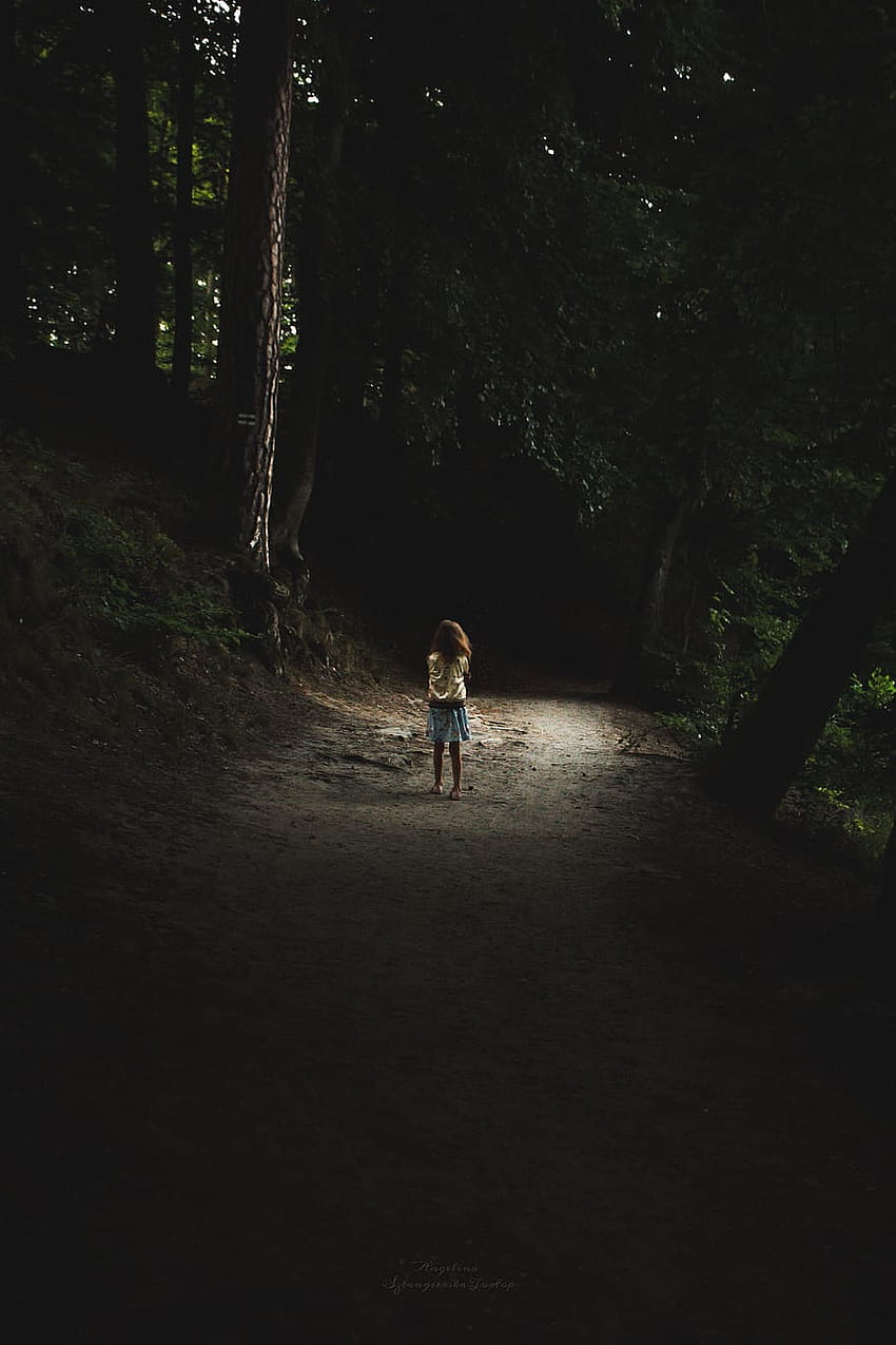 : 森、子供、一人、暗い、暗い、怖い、道、怖い男の子 HD電話の壁紙