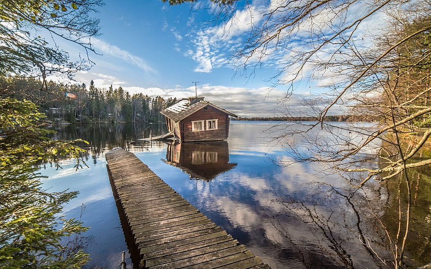 Finland, lake, house, pier, trees, clouds, sky 1920x1200 , summer lakehouse HD wallpaper