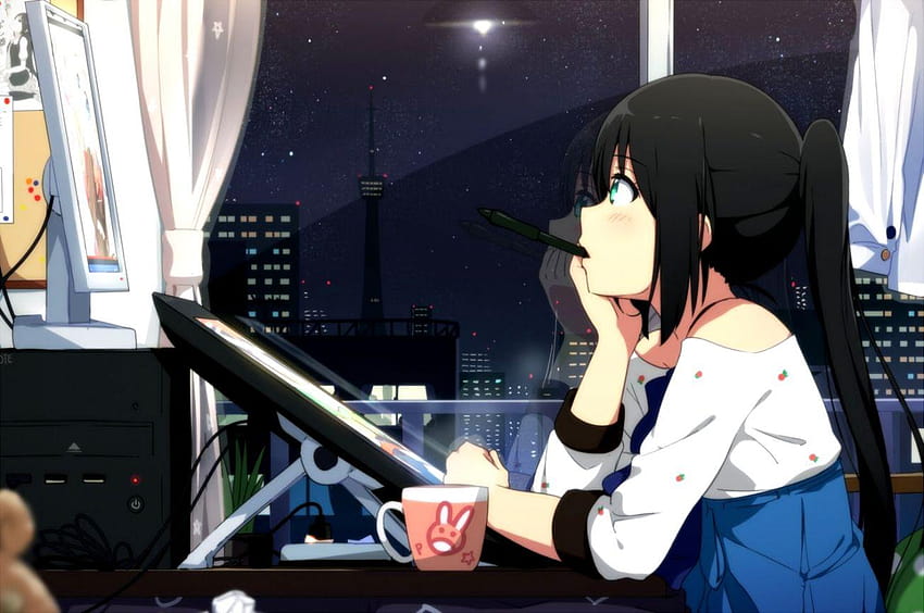 Аниме момиче с кафе скрийнсейвър, пиещо кафе аниме момиче HD тапет