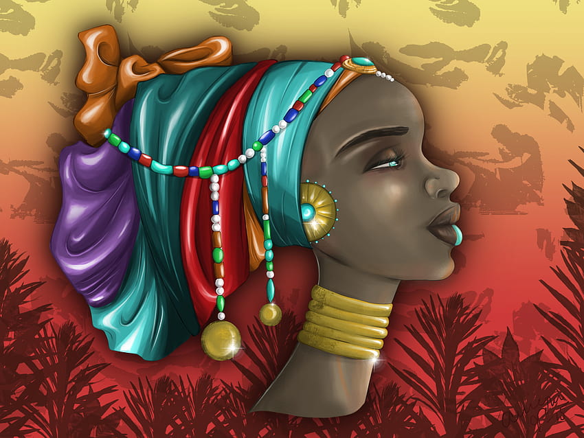 reine africaine, affiche, art, jaune, illustration, peinture, art moderne, portrait Fond d'écran HD