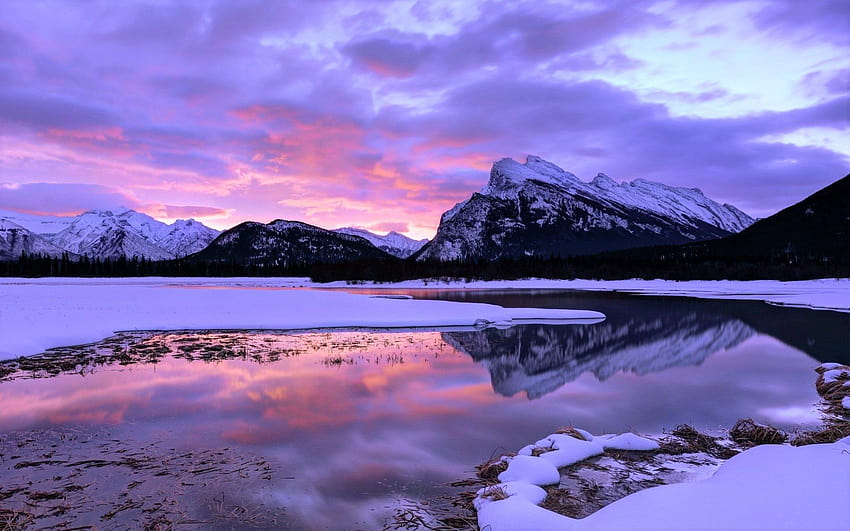 Pink Sunset and Clouds over Winter Mountain and Lake, sunset mountains lake HD wallpaper