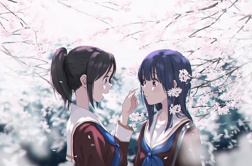 : anime girls, Liz to Aoi Tori, Yoroizuka Mizore Hibike Euphonium, Kasaki Nozomi, Sakura blossom, school uniform 4096x2711, nozomi kasaki HD wallpaper