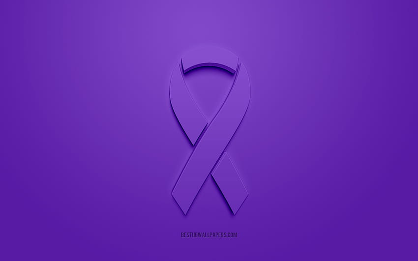 Ruban du cancer du côlon, logo 3D créatif, ruban 3d violet, ruban de sensibilisation au cancer du côlon, cancer du côlon, fond violet, rubans du cancer, rubans de sensibilisation avec résolution 2560x1600. Cancer violet de haute qualité Fond d'écran HD