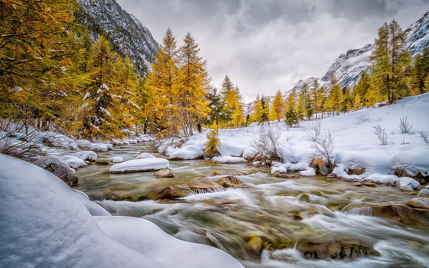 engadin, Schweiz, Val, Bever, есен, зима, сняг, река, планина / и мобилни фонове, зимна снежна река HD тапет