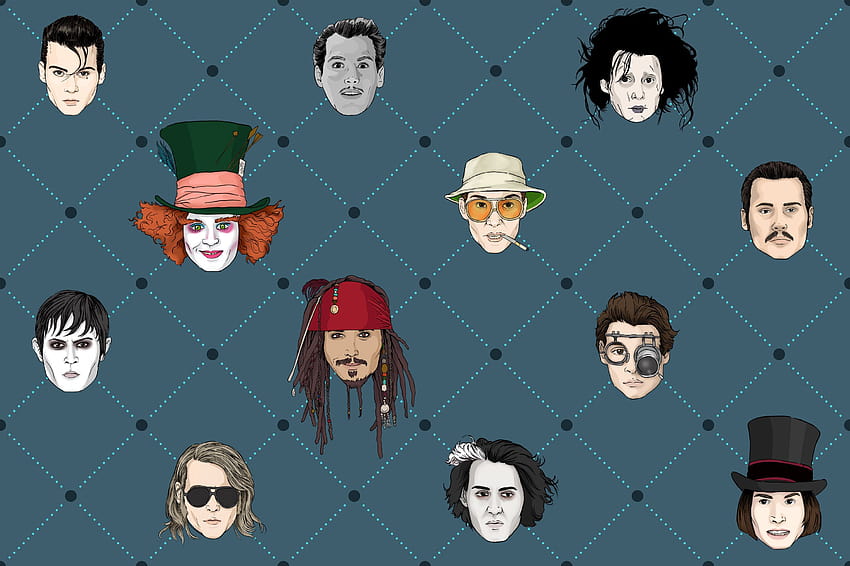 Cetak pola Johnny Depp menampilkan banyak karakter, tim burton dan johnny depp Wallpaper HD