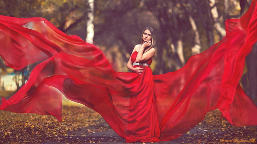Gaun Eksperimental Merah Gadis Cantik Berdiri, wanita berbusana cantik Wallpaper HD