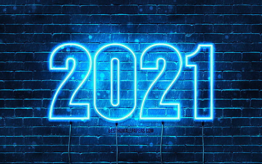 Szczęśliwego Nowego Roku 2021, niebieski mur z cegły, 2021 niebieskie cyfry neonowe, koncepcje 2021, przewody, nowy rok 2021, 2021 na niebieskim tle, cyfry 2021 roku, Nowy Rok 2021 z, szczęśliwego nowego roku 2021 neon Tapeta HD