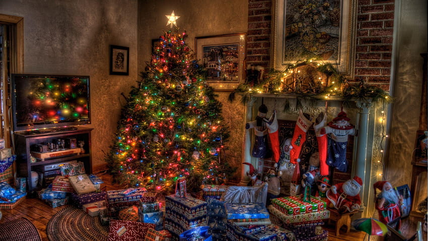 Christmas Fireplace Scene, christmas chimney HD wallpaper