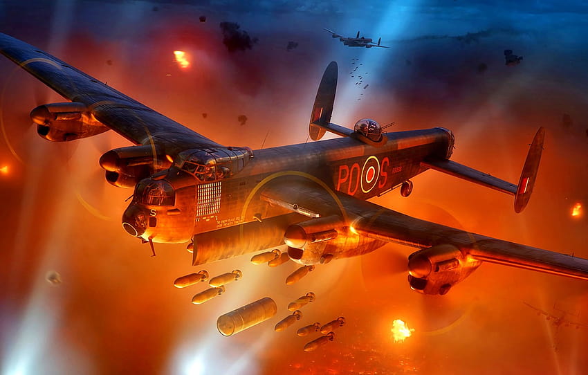 Nacht, Feuer, Avro, schwerer Bomber, die Strahlen der Scheinwerfer, WWII, Bomben, 683 Lancaster, die Bombardierung Deutschlands, Abschnitt авиация, Avro Lancaster Bomber HD-Hintergrundbild