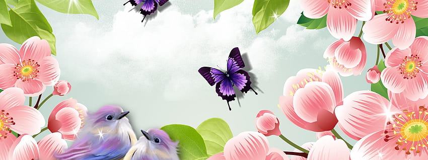 Pembe çiçekler, sevimli kuşlar ve çiçekler arasında iki tatlı kuş ve iki kelebek HD duvar kağıdı
