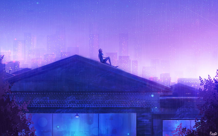 3840x2400 Anime Girl, Rooftop, Stars, Raining, Buildings, Purple Sky, Scenic, anime rooftop city HD wallpaper