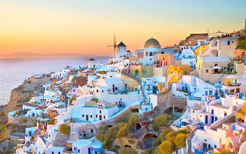 ギリシャのサントリーニ島のイア村の日没の風景 [3840x2400] for your , Mobile & Tablet 高画質の壁紙