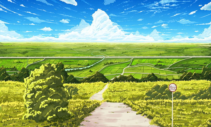 wolken gras landschaft niemand original pei, grünland anime HD-Hintergrundbild