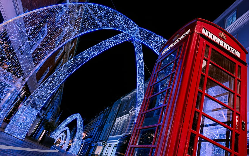 Londyn, czerwona budka telefoniczna, świąteczna neonowa dekoracja, nocny pejzaż miejski, Wielka Brytania o rozdzielczości 1920x1200. Wysoka jakość Tapeta HD