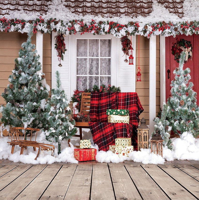 8x8ft Tema natalizio con albero di Natale Paesaggio innevato in vinile Panno pittorico Video Studio Puntelli Natale personalizzato e realistico Sfondo del telefono HD