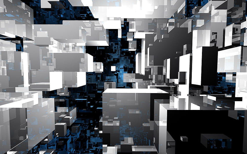 Cubo infinito bianco modello nero blu astratto, cubo 3d nero e blu Sfondo HD