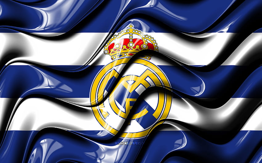 Bandera del Real Madrid, ondas 3D azules y blancas, LaLiga, club de fútbol español, fútbol, ​​logotipo del Real Madrid, La Liga, Real Madrid FC, fútbol, ​​Real Madrid CF con resolución, bandera del fondo de pantalla