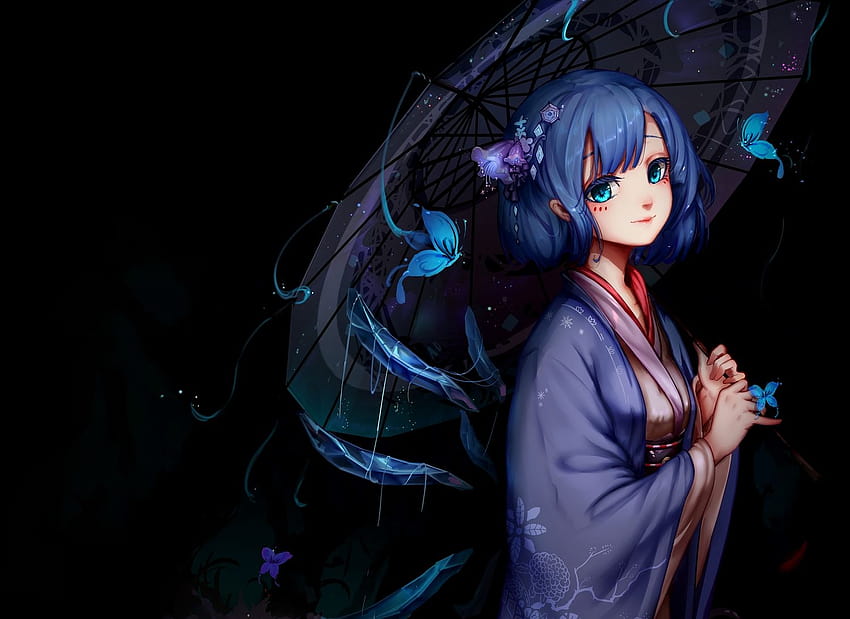 aqua augen schwarz blaue haare schmetterling cirno dunkle fee japanische kleidung kimono kiyomasa ren kurze haare touhou regenschirm flügel, dunkelblau anime HD-Hintergrundbild