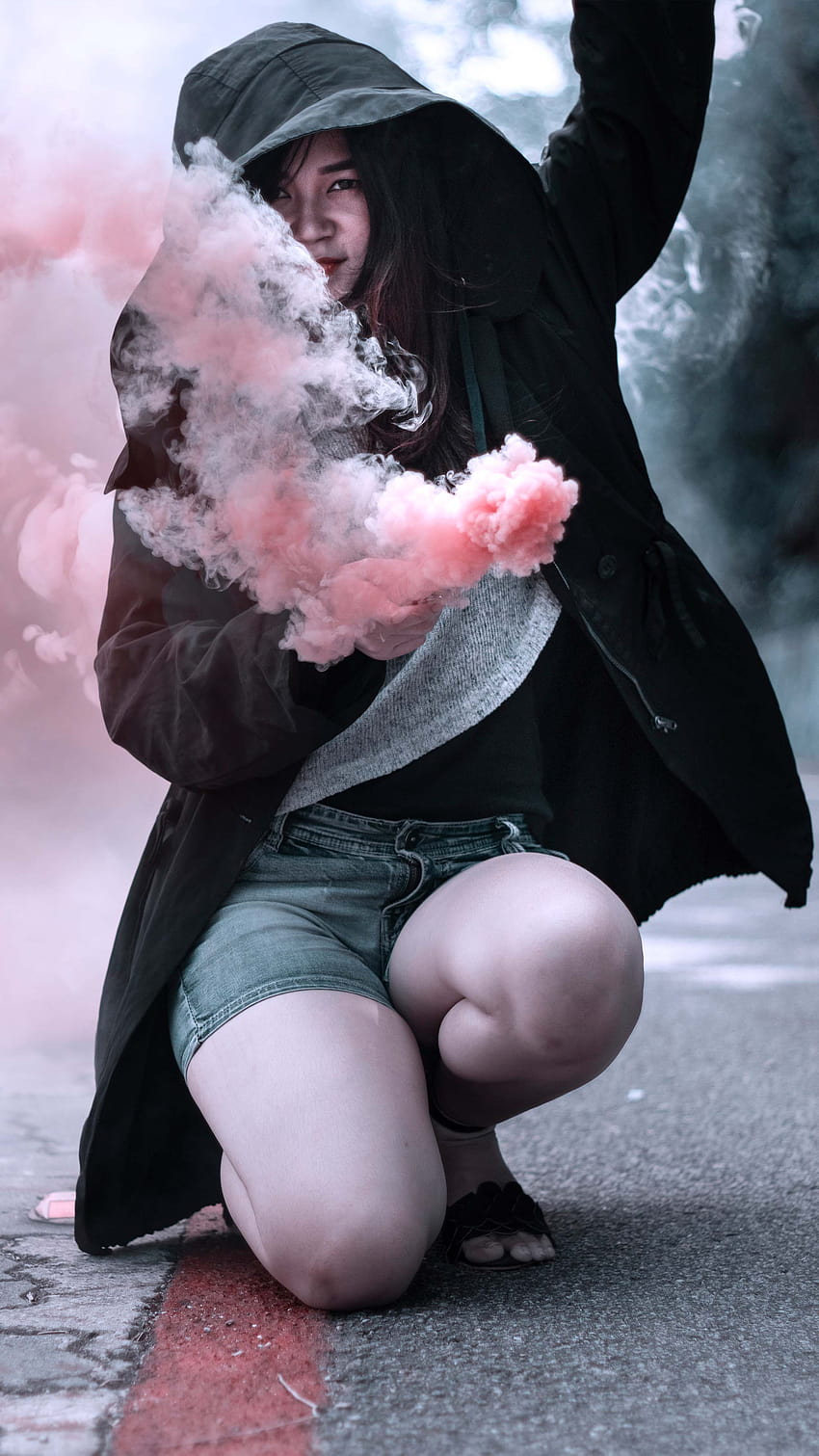 Girl Hoodie Colorful Smoke Bombs Street Portrait Ultra, smoking girl mobile HD phone wallpaper