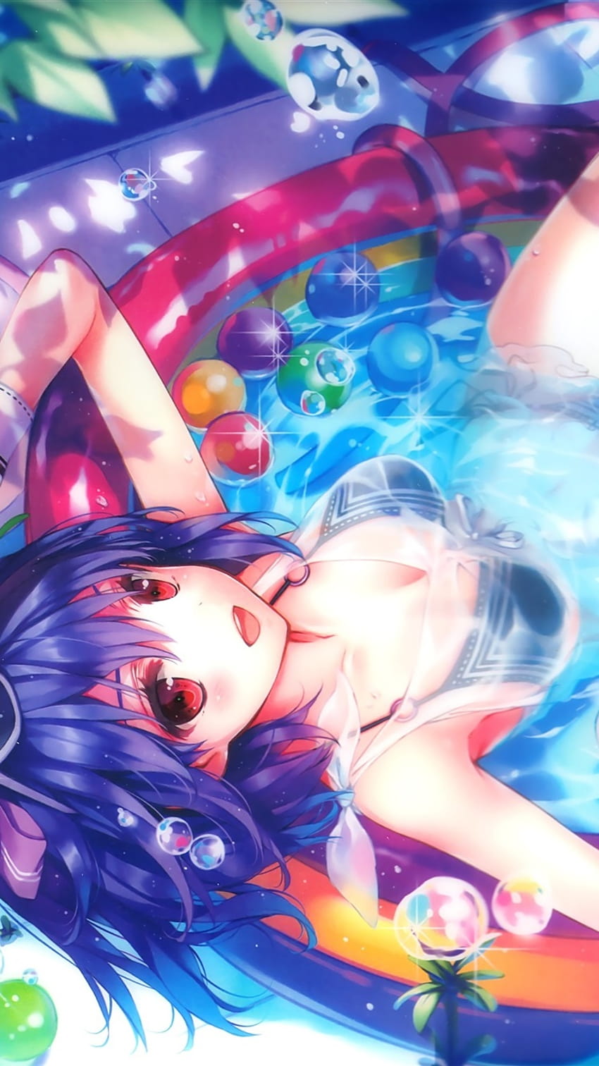 Happy anime girl, water, pool, bubbles, sunglasses 1080x1920 iPhone 8/7/6/6S Plus , background HD phone wallpaper