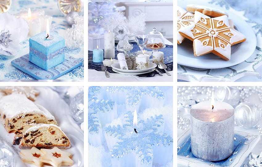 holiday, blue, collage, new year, candles, cookies, blue collage HD wallpaper