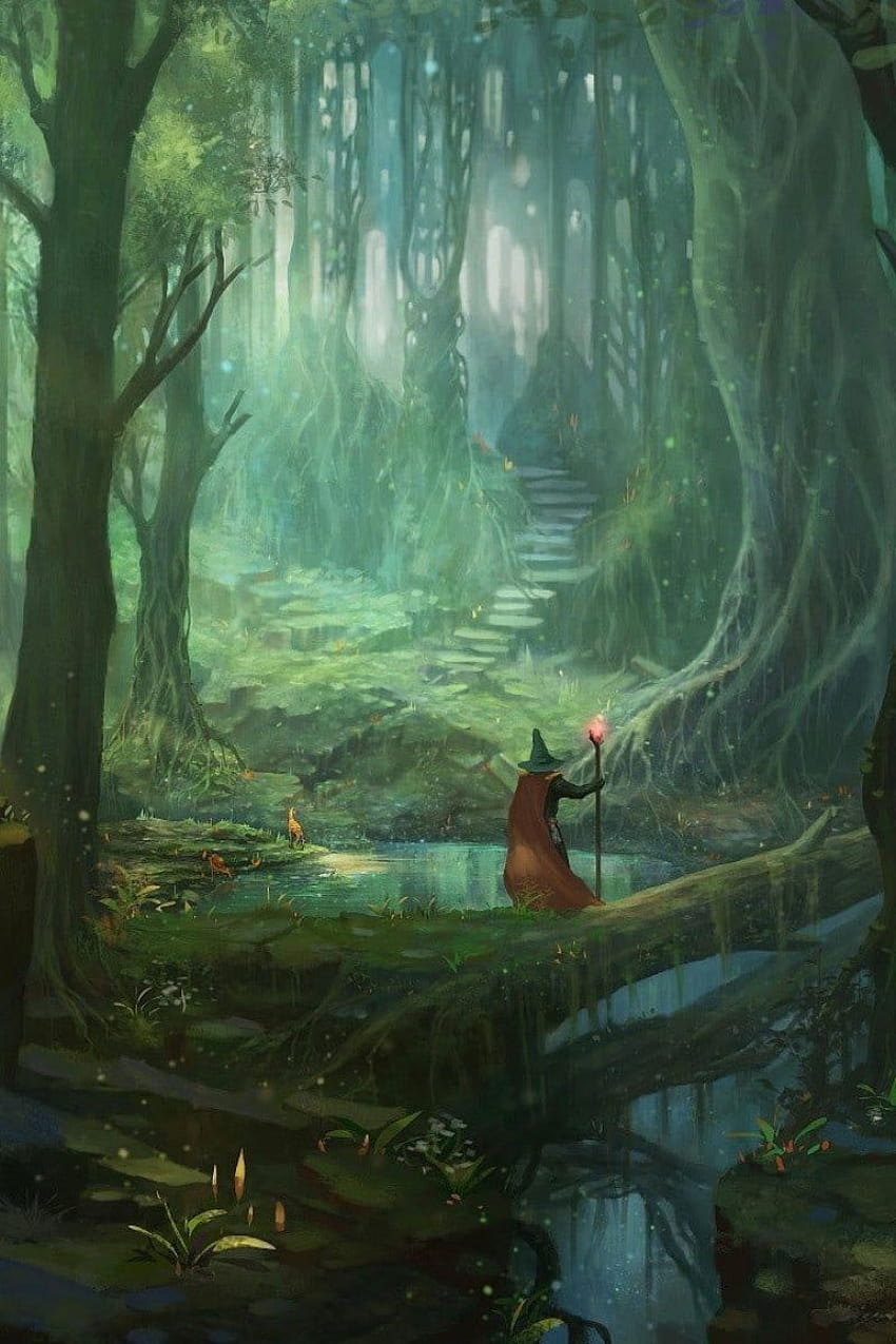 Илюстрация на магьосник, фантастично изкуство, гора, дървета, стълби, един човек • For You For & Mobile, горска илюстрация HD тапет за телефон