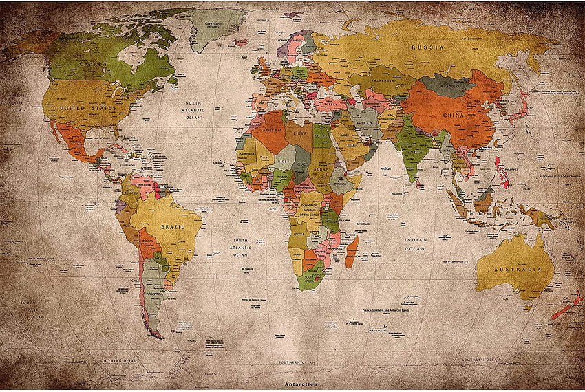 GREAT ART – Retro World Map Tampilan Bekas – Dekorasi Atlas Globe Benua Bumi Geografi Old School Kartu Antik Dekorasi Dinding Mural, peta benua Wallpaper HD