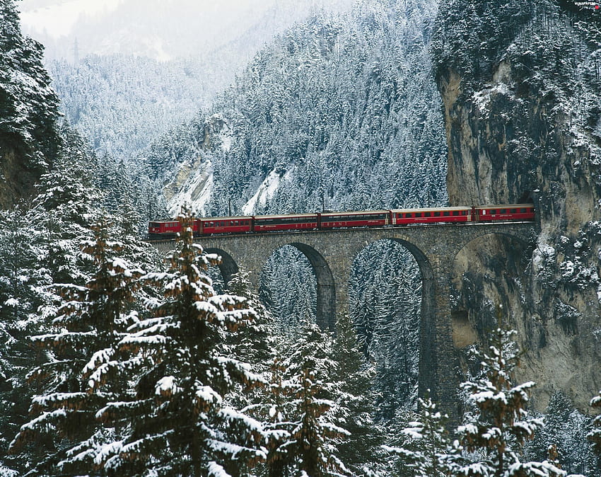 Train, tunnel, montagnes, hiver, forêt, train hiver Fond d'écran HD