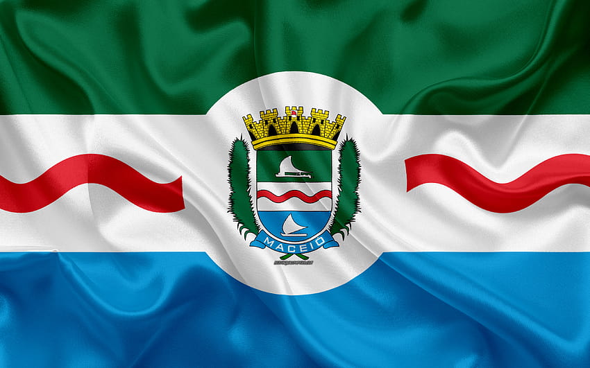 Flag of Maceio, silk texture, Brazilian city, white green blue silk flag, Maceio flag, Alagoas, Brazil, art, South America, Maceio with resolution 3840x2400. High Quality HD wallpaper