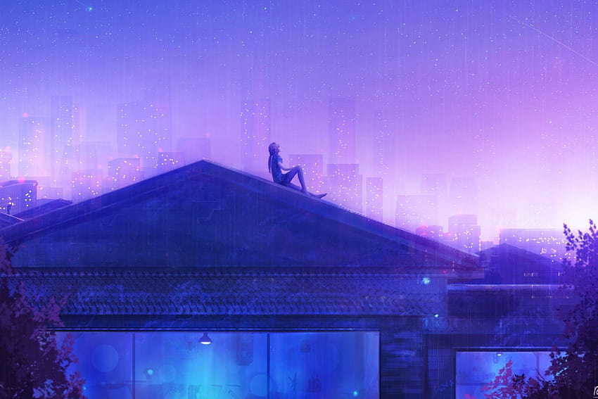 2256x1504 Anime Girl, Rooftop, Stars, Raining, Buildings, anime scenery roof top HD wallpaper