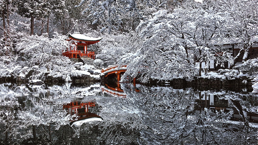 Япония, храм, сняг, зима, отражение, езерце, Киото, японски сняг HD тапет