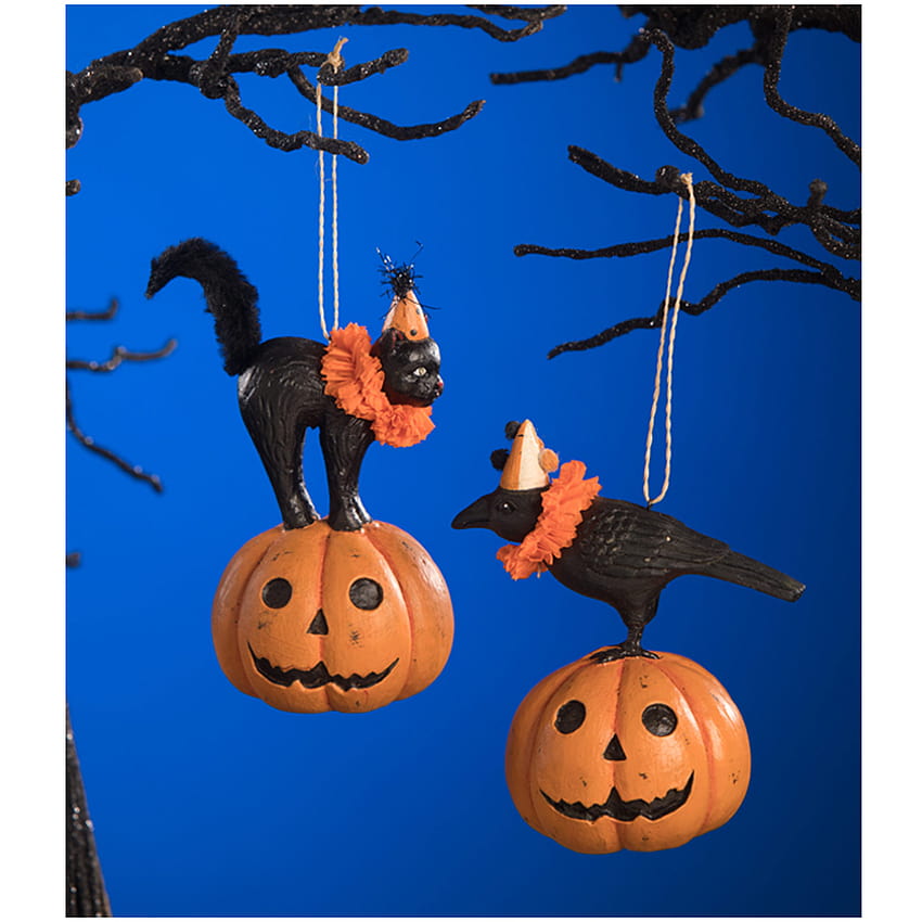 Zestaw Bethany Lowe/2 Pumpkin Jack Black Cat Raven Vintage Style Halloween ozdoby choinkowe, ozdoba dyni Halloween Tapeta na telefon HD